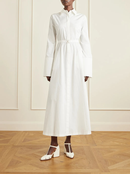 Image of Dresses. Product name - Carmina Belted Cotton-poplin Maxi Dress in White colour by brand - Gabriela Hearst