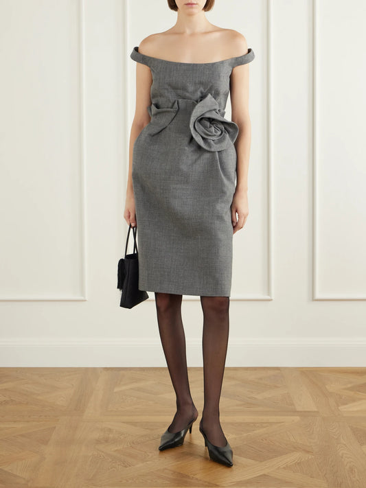 Image of Dresses. Product name - Floral-appliquéd Off-the-shoulder Wool And Silk-blend Midi Dress in Gray colour by brand - Magda Butrym