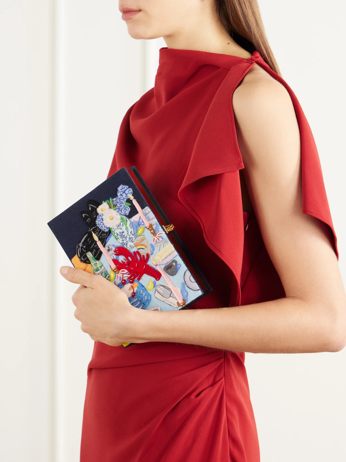 Image of Bags. Product name - Dinner Party Dreams Embroidered Canvas Clutch in Navy colour by brand - Olympia Le-Tan