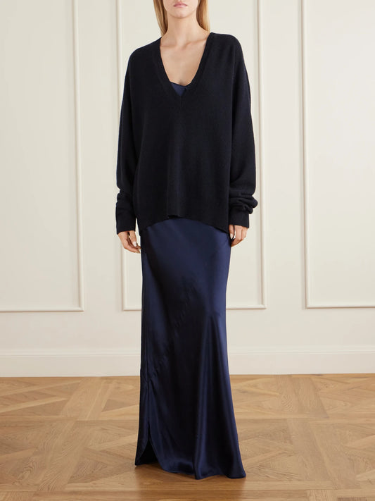 Image of Dresses. Product name - Cami Silk-satin Gown in Navy colour by brand - Nili Lotan