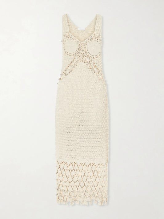 Image of Dresses. Product name - Embellished Crocheted Cotton Midi Dress in Ecru colour by brand - RABANNE