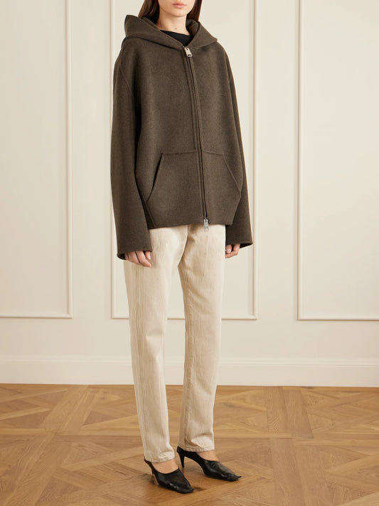 Image of Coats & Jackets. Product name - Dolem Hooded Wool Zip-up Jacket in Army green colour by brand - KHAITE
