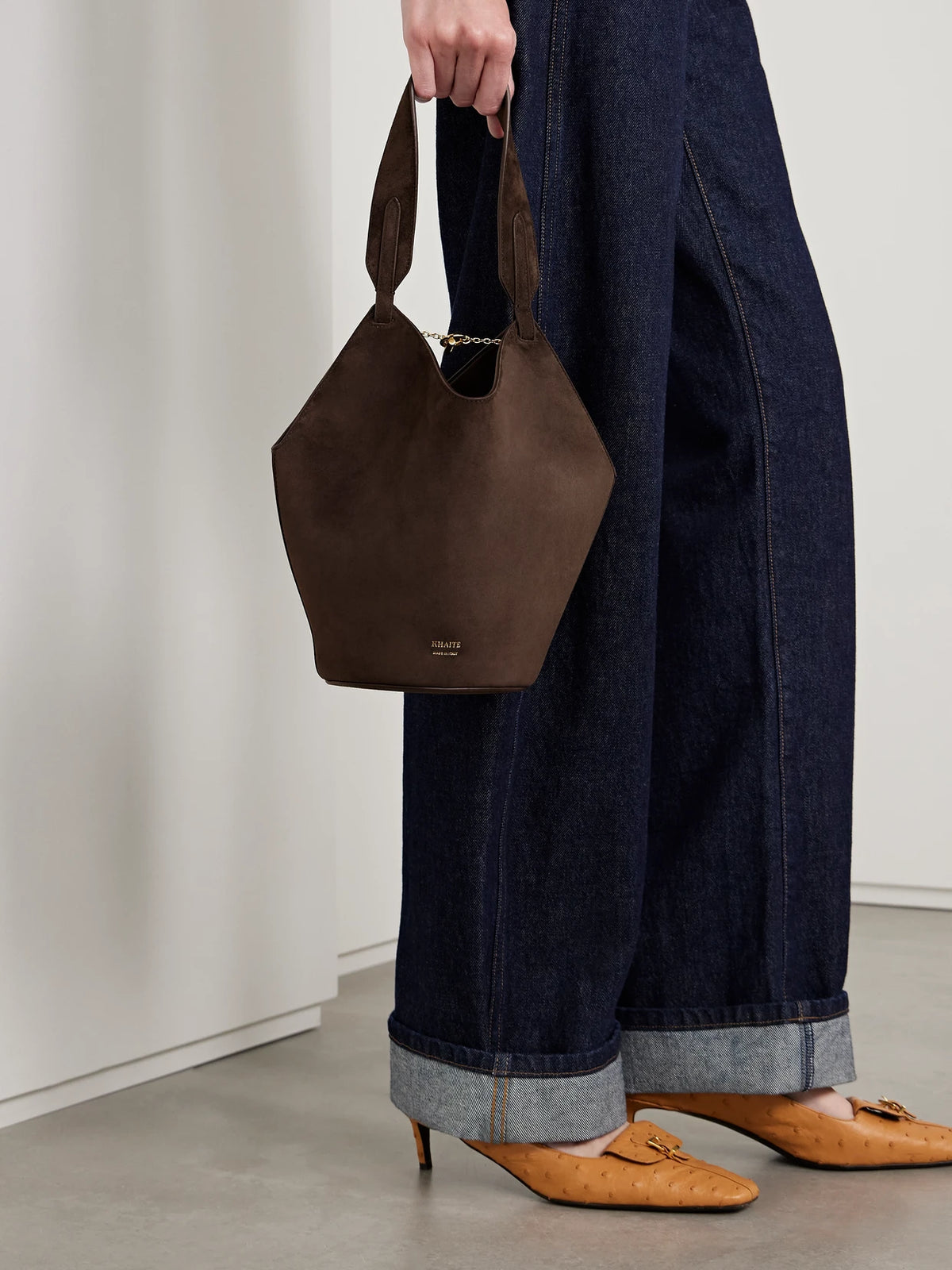 Image of Bags. Product name - Lotus Small Suede Tote in Dark brown colour by brand - KHAITE