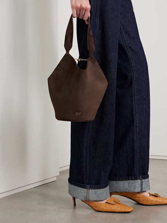 Image of Bags. Product name - Lotus Small Suede Tote in Dark brown colour by brand - KHAITE