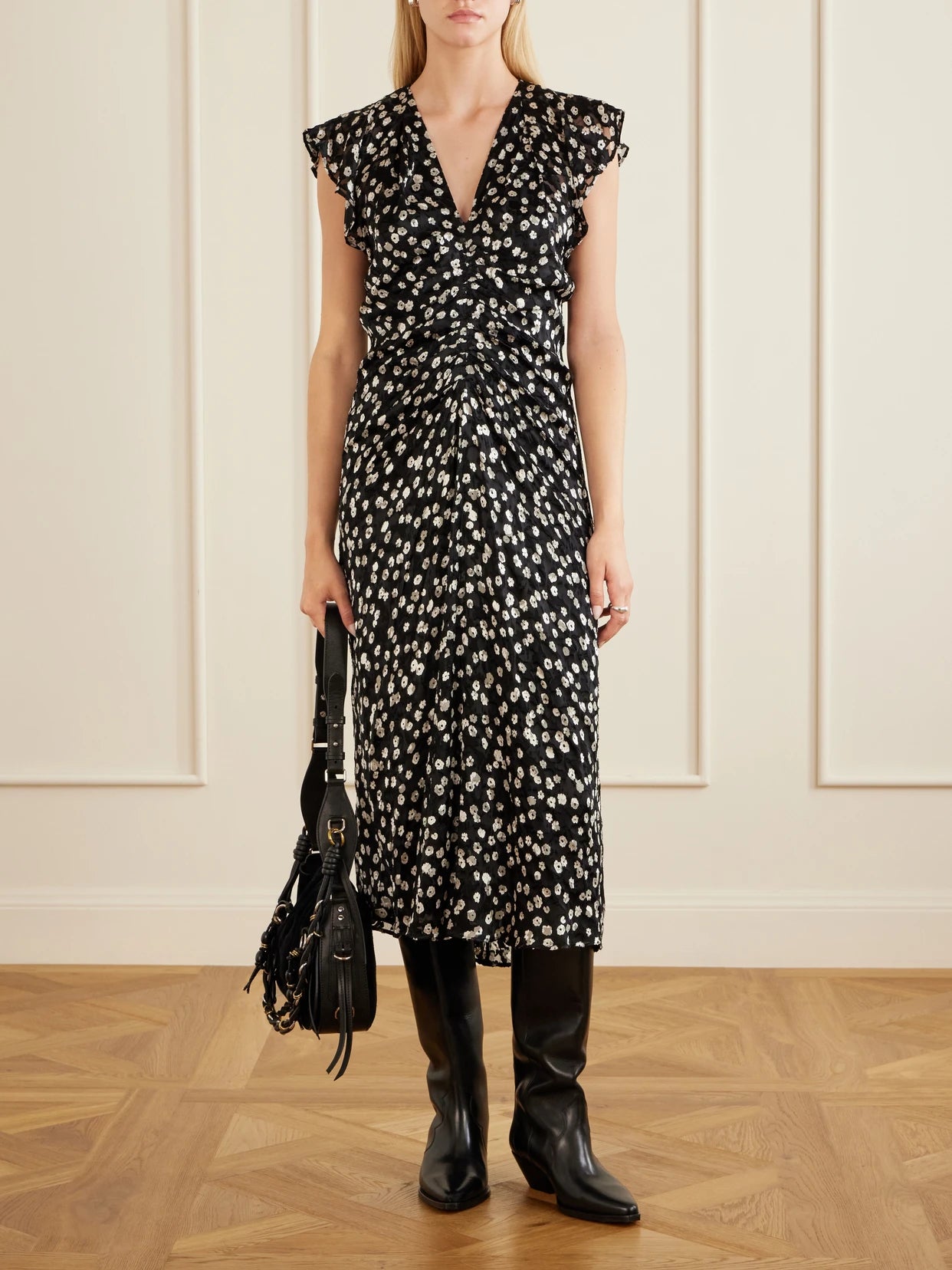 Image of Dresses. Product name - Lyndsay Floral-print Chiffon Midi Dress in Black colour by brand - ISABEL MARANT