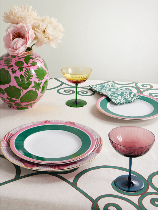 Image of Tableware. Product name - Set Of Two 26cm Printed Gold-plated Porcelain Dessert Plates in Green colour by brand - La DoubleJ