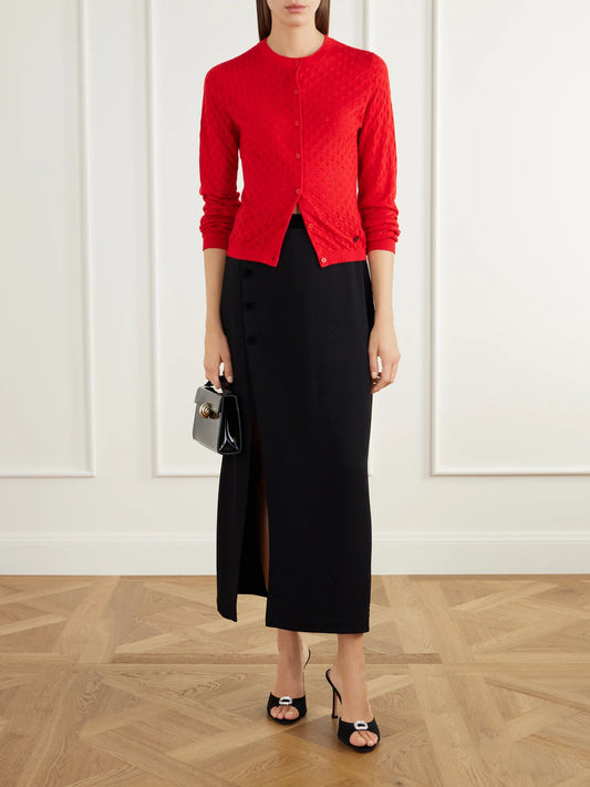 Image of a model wearing Outerwear. Product name - Kira Embroidered Pointelle-knit Silk, Wool And Cashmere-blend Cardigan in Multi colour by brand - BERNADETTE