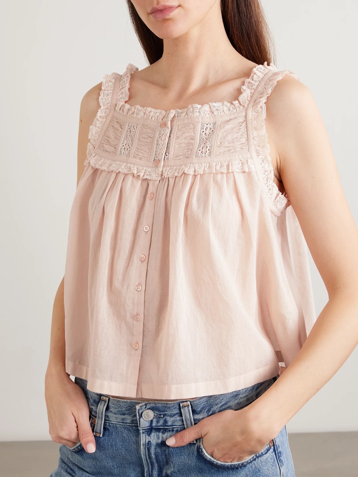 Fidella Cropped Lace-trimmed Organic Cotton-voile Top