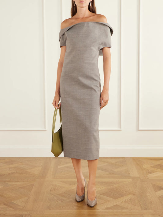 Image of Dresses. Product name - Off-the-shoulder Wool Midi Dress in Gray colour by brand - Jil Sander