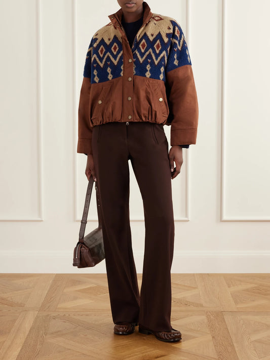 Image of a model wearing Pants. Product name - Carys Crepe Straight-leg Pants in Brown colour by brand - Veronica Beard