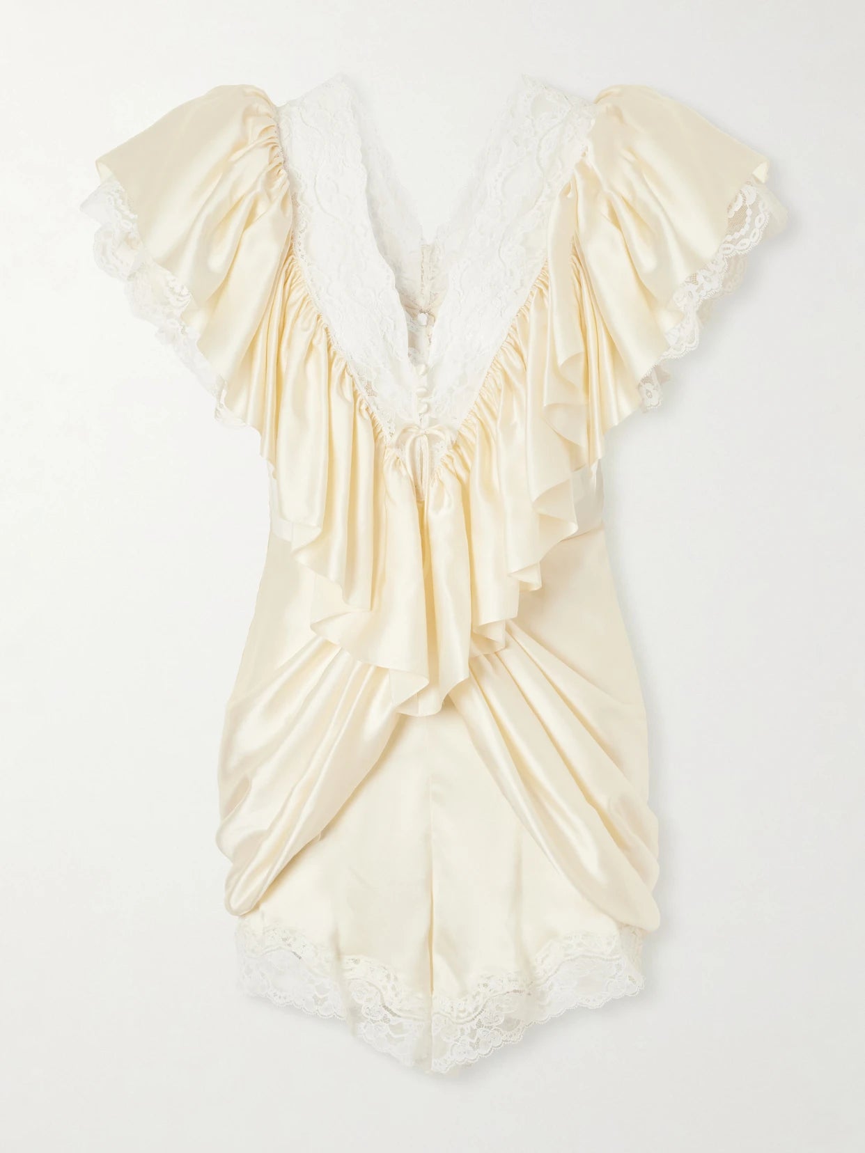 Image of Bodysuits. Product name - Ruffled Lace-trimmed Silk-satin Playsuit in Cream colour by brand - Chloé