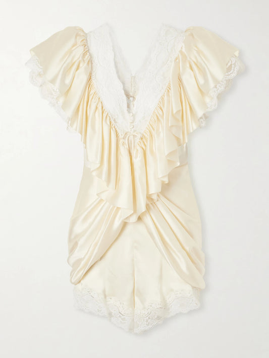 Image of Bodysuits. Product name - Ruffled Lace-trimmed Silk-satin Playsuit in Cream colour by brand - Chloé