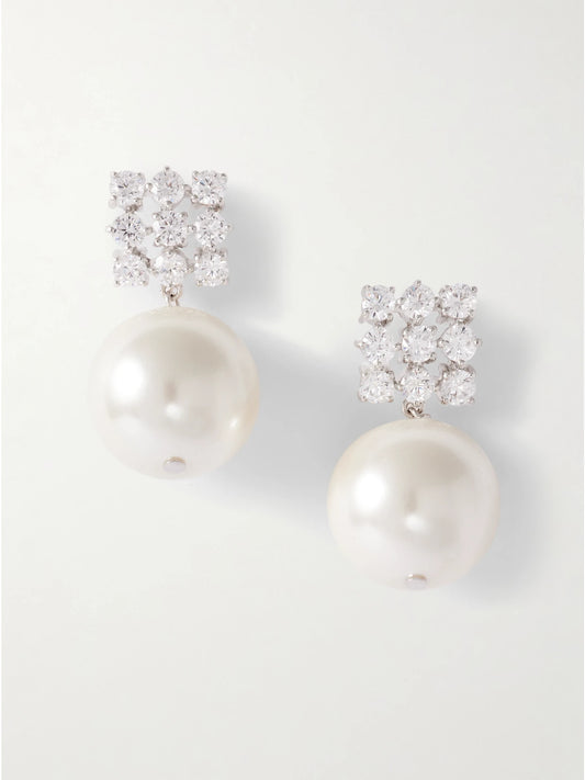 Rhodium-plated, Cubic Zirconia And Pearl Earrings