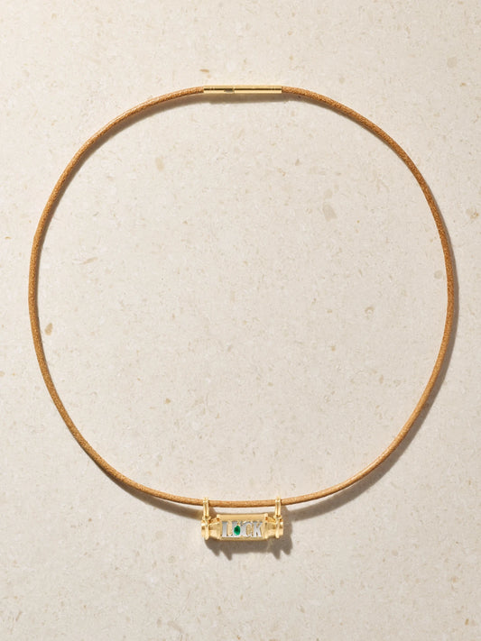 Marie Lichtenberg Luck 18-karat Yellow And White Gold, Emerald And Leather Necklace
