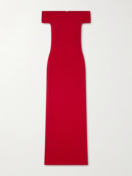 Image of Dresses. Product name - Kyra Off-the-shoulder Crepe Gown in Red colour by brand - Solace London