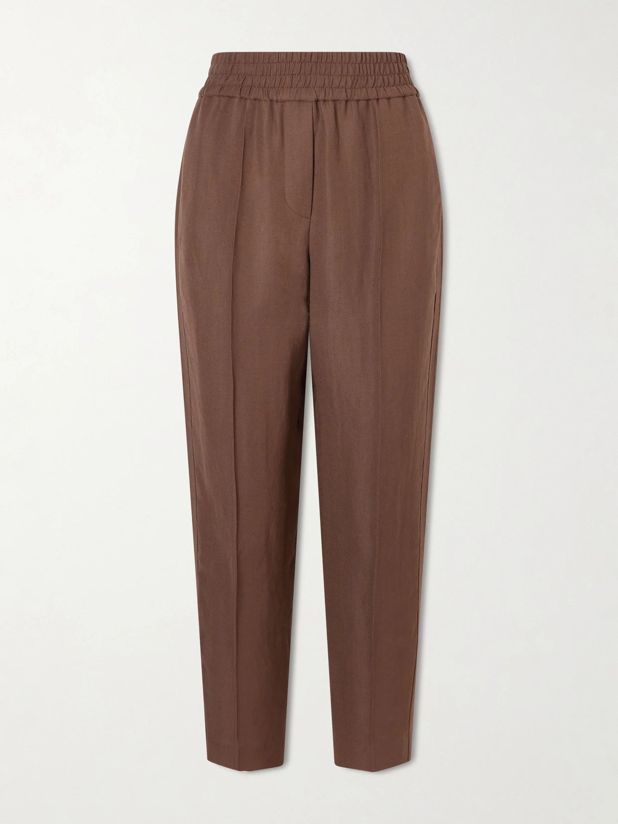 Image of a model wearing Pants. Product name - Cropped Woven Tapered Pants in Dark brown colour by brand - Brunello Cucinelli