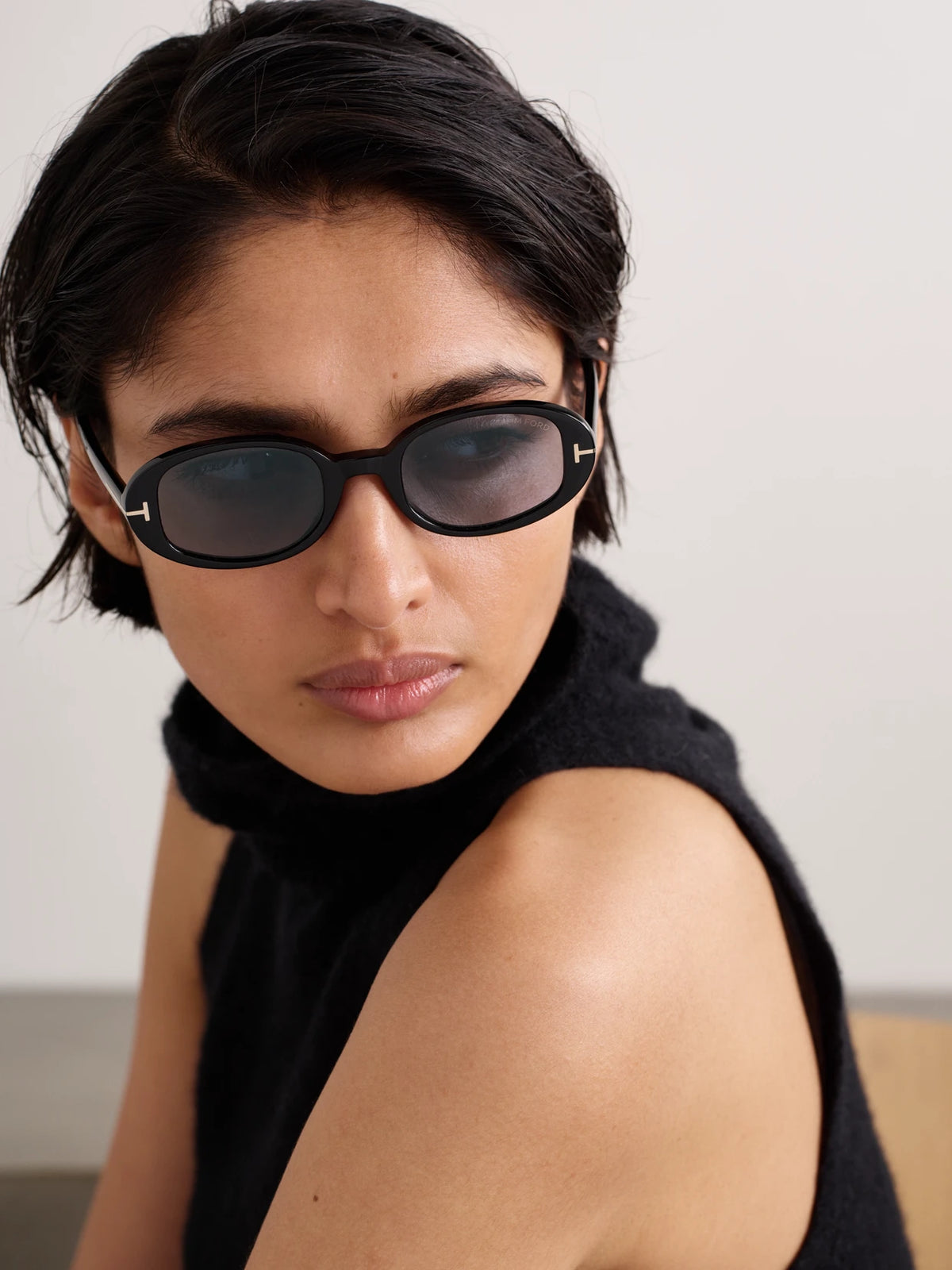 Image of Sunglasses. Product name - Iggy Oval-frame Acetate Sunglasses in Black colour by brand - TOM FORD