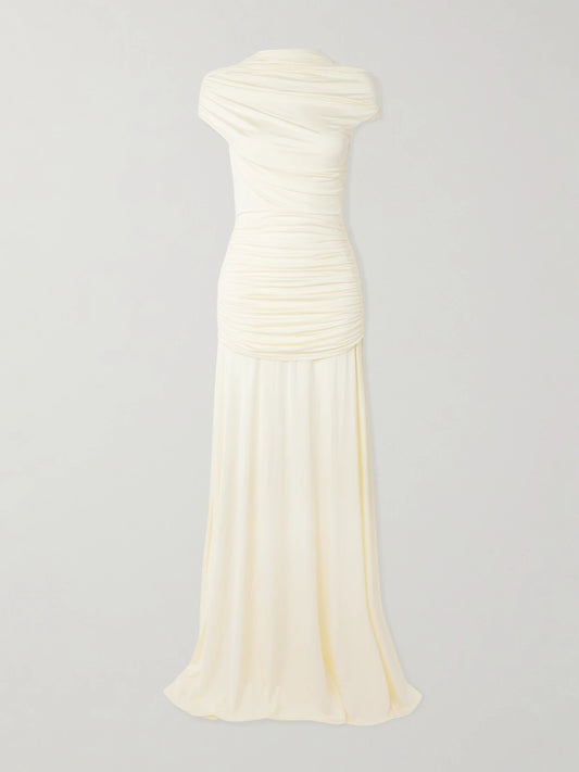 Image of Dresses. Product name - Open-back Draped Stretch-jersey Maxi Dress in Yellow colour by brand - Self-Portrait