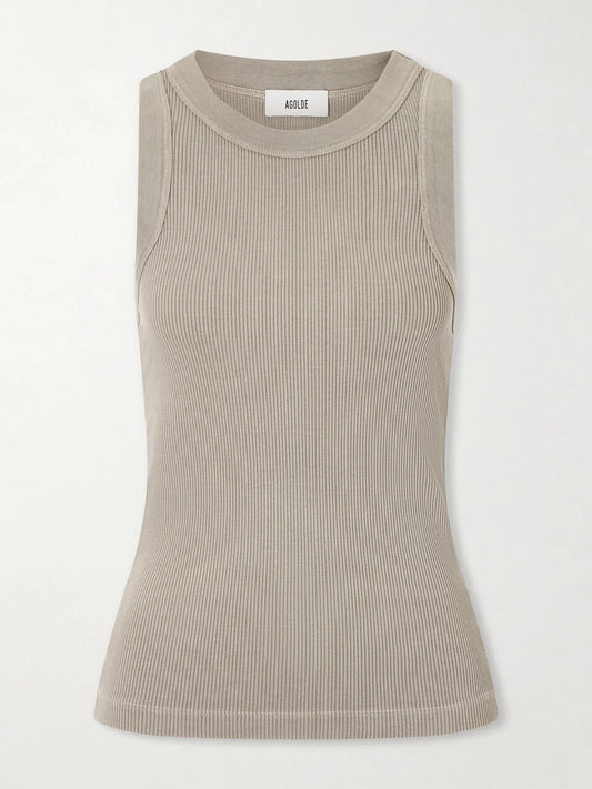 Image of a model wearing Tops. Product name - Leigh Ribbed Organic Cotton And Tencel Lyocell-blend Jersey Tank in Taupe colour by brand - AGOLDE