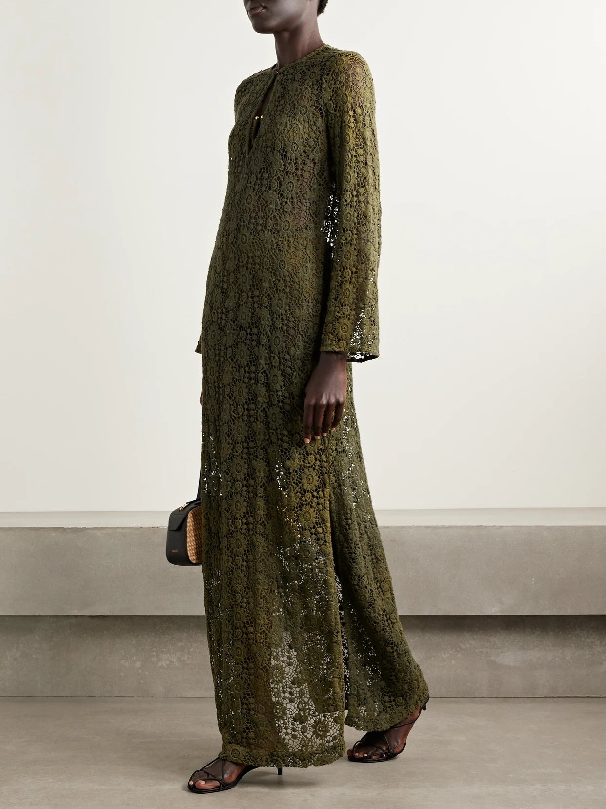 Image of Dresses. Product name - Della Crocheted Cotton Maxi Dress in Army green colour by brand - Nili Lotan
