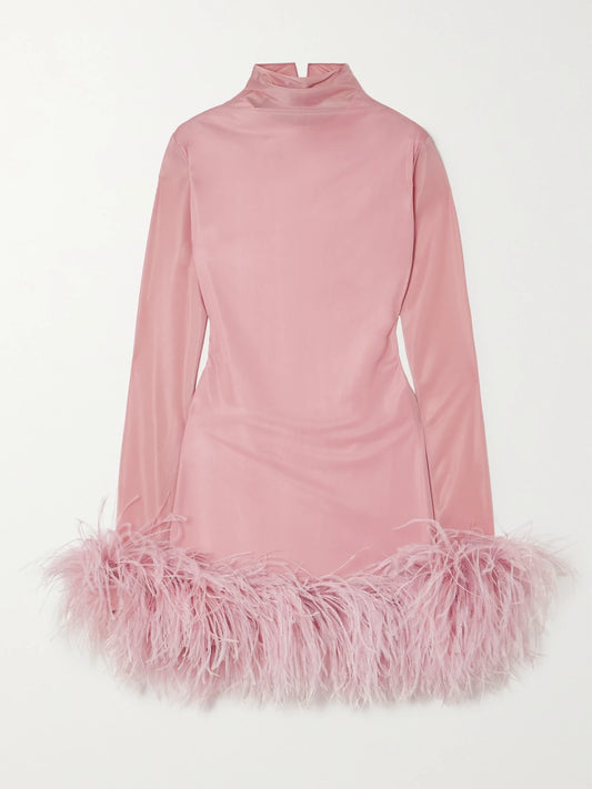 Image of Dresses. Product name - Luna Feather-trimmed Stretch-jersey Turtleneck Mini Dress in Blush colour by brand - 16ARLINGTON