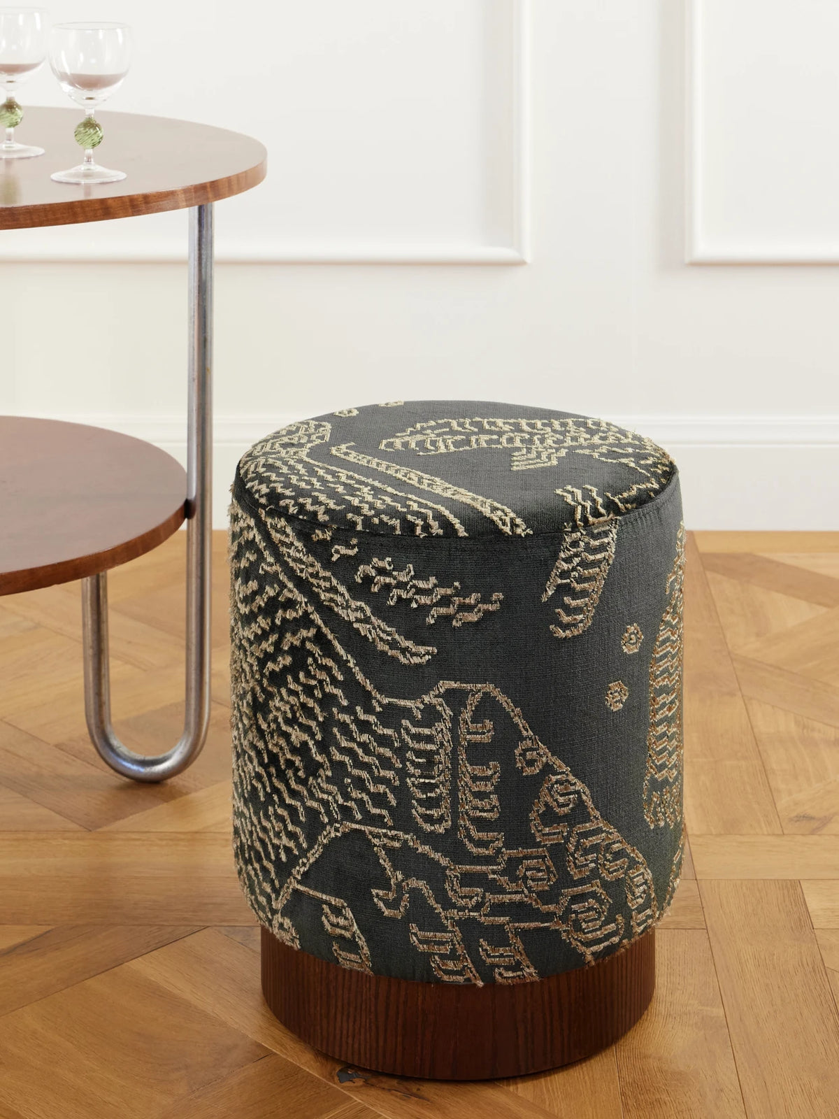 Image of Decor. Product name - Tiger Mountain Jacquard-velvet Wood Pouf in Army green colour by brand - SIX THE RESIDENCE