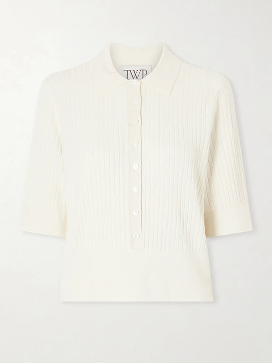 Image of a model wearing Tops. Product name - Ribbed Jersey Shirt in Ivory colour by brand - TWP