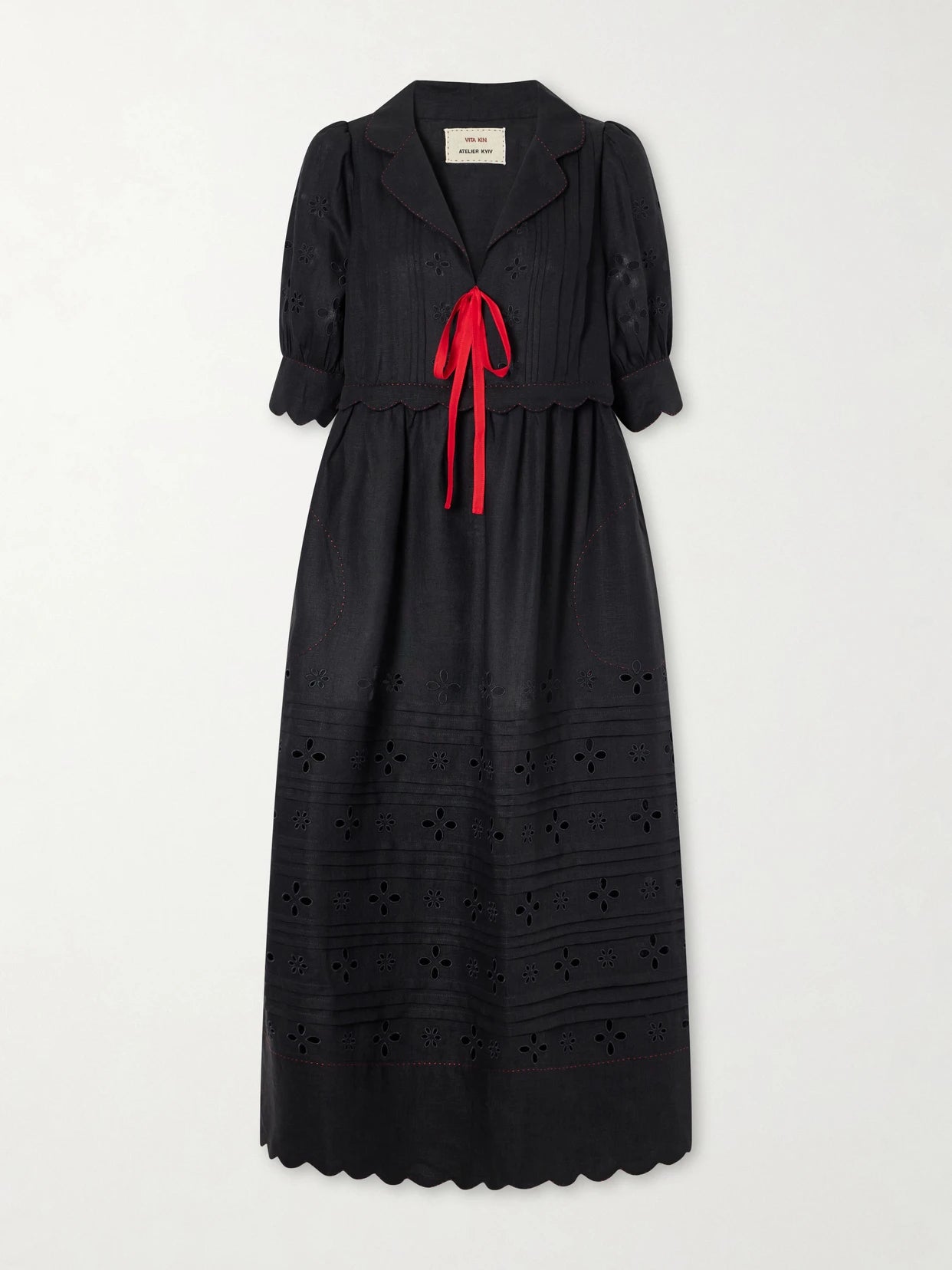 Bari Tie-detailed Broderie Anglaise-trimmed Linen Midi Dress