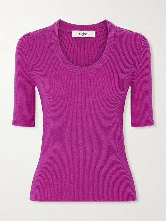 Image of a model wearing Outerwear. Product name - Ribbed Wool Top in Fuchsia colour by brand - Chloé