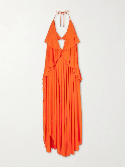 Image of Dresses. Product name - + Paula's Ibiza Ruffled Cutout Jersey Halterneck Maxi Dress in Orange colour by brand - LOEWE