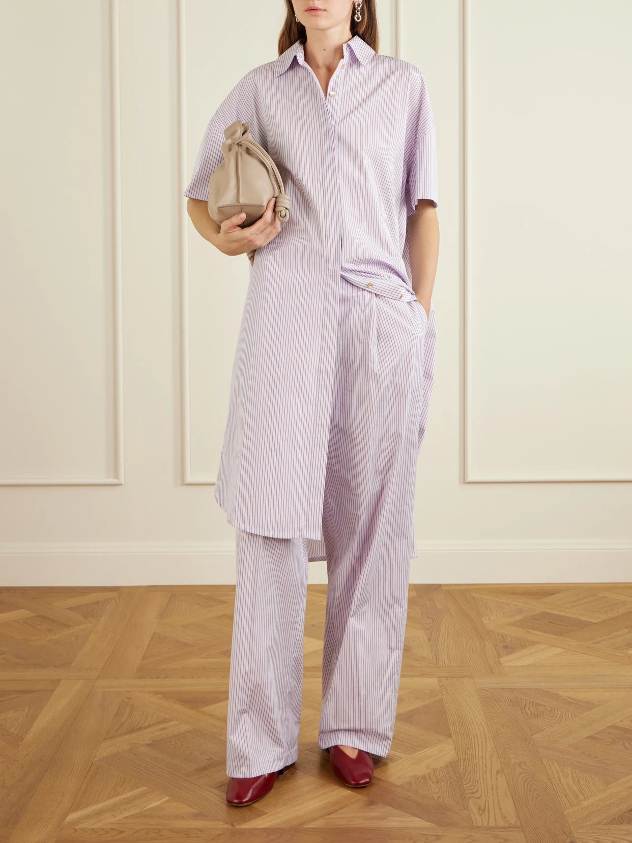 Image of Dresses. Product name - Anu Embroidered Striped Organic Cotton-poplin Midi Shirt Dress in Purple colour by brand - RÙADH