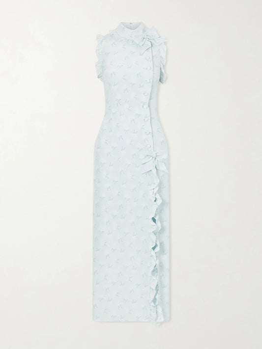 Image of Dresses. Product name - Printed Silk Midi Dress in Blue colour by brand - Alessandra Rich