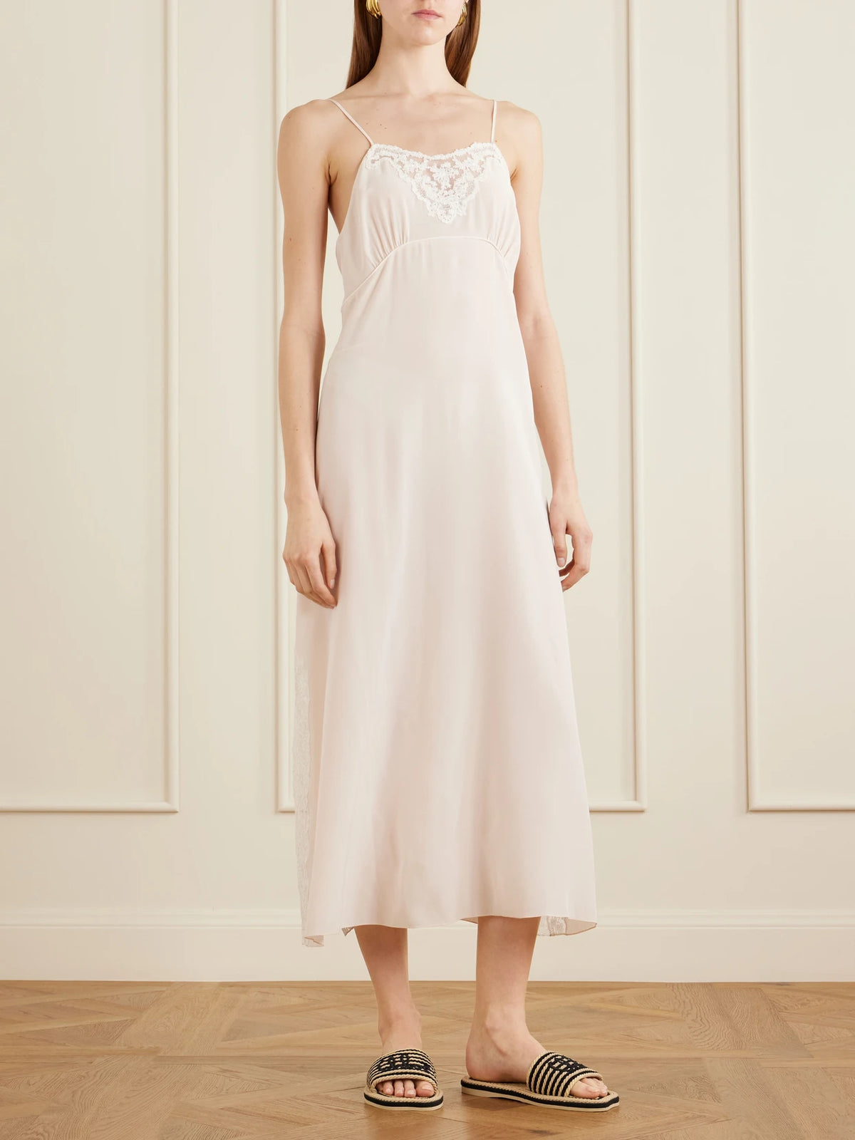 Image of Sandals. Product name - Embroidered Striped Cord Slides in Black colour by brand - Chloé