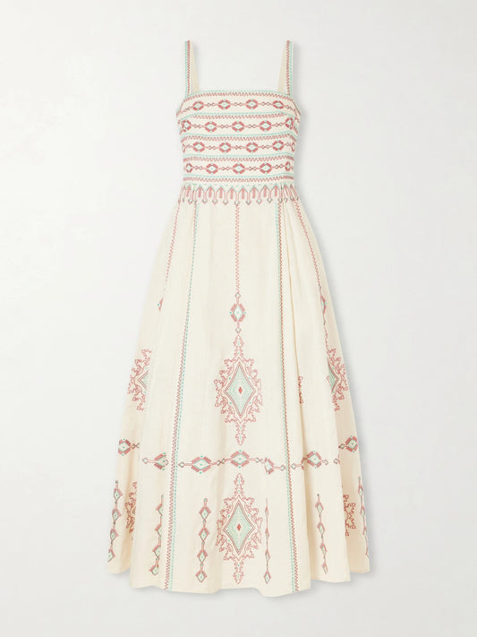Image of Dresses. Product name - Aneeda Astragal Mare Embroidered Linen Cotton-blend Midi Dress in Cream colour by brand - Emporio Sirenuse