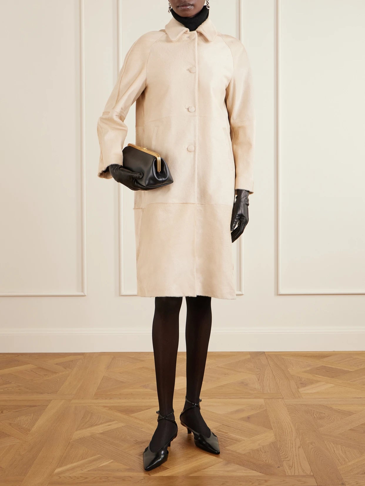 Image of Coats & Jackets. Product name - Paneled Calf Hair Coat in Cream colour by brand - Nour Hammour