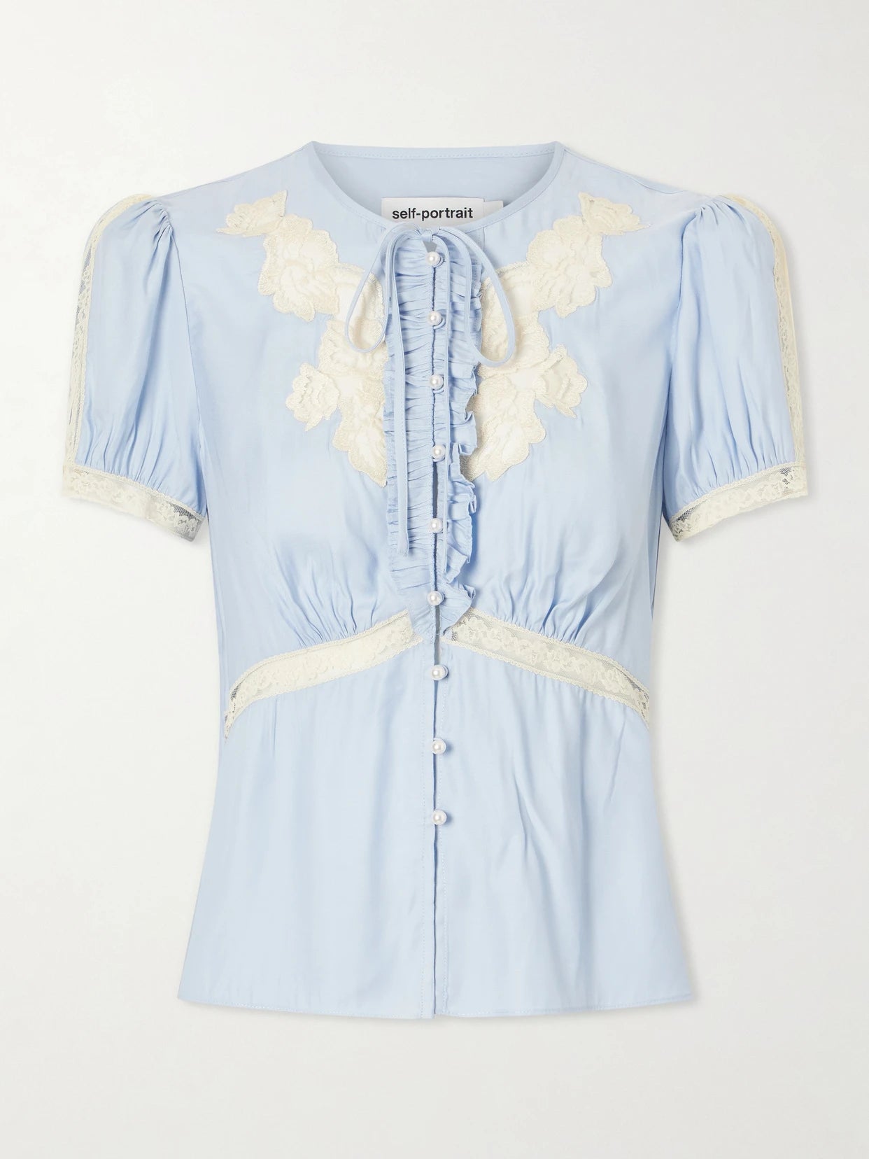 Ruffled Lace-trimmed Satin Blouse
