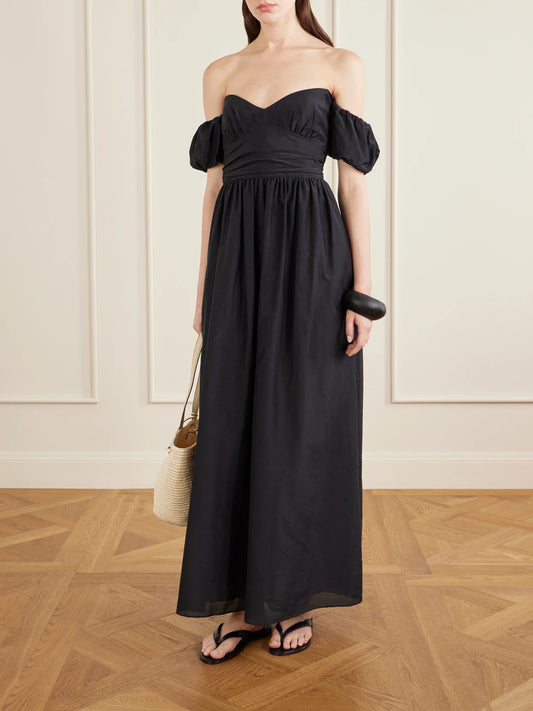 Image of Dresses. Product name - Organic Cotton-blend Off Shoulder Midi Dress in Black colour by brand - Matteau