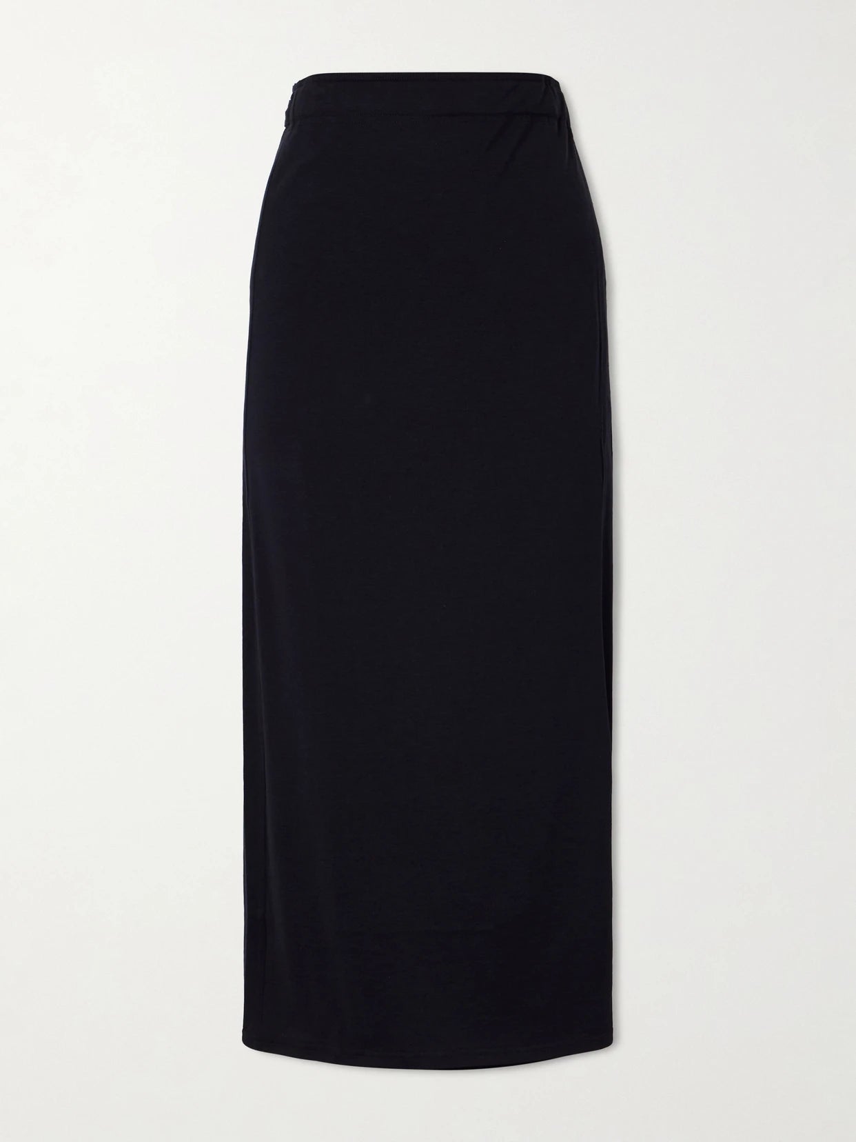 Image of a model wearing Skirts. Product name - Organic Cotton And Silk-blend Wrap Midi Skirt in Black colour by brand - TOTEME