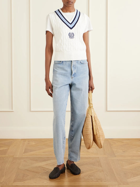 Image of a model wearing Outerwear. Product name - + Wimbledon Logo-embroidered Cable-knit Cotton Vest in Cream colour by brand - Polo Ralph Lauren