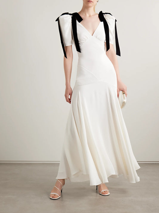 Image of Dresses. Product name - Velvet Bow-embellished Silk-crepe Gown in White colour by brand - Rodarte