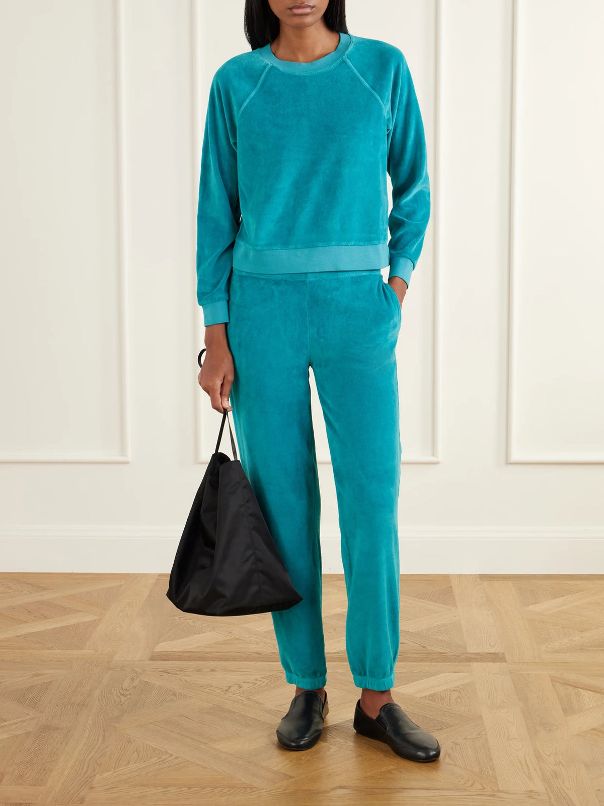 Image of Sleepwear & Loungewear. Product name - Tilos Cotton-blend Velour Sweatshirt in Turquoise, Ivory colour by brand - Suzie Kondi
