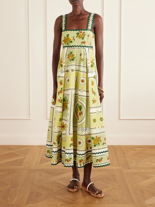Dixie Pleated Floral-print Cotton-poplin Midi Dress