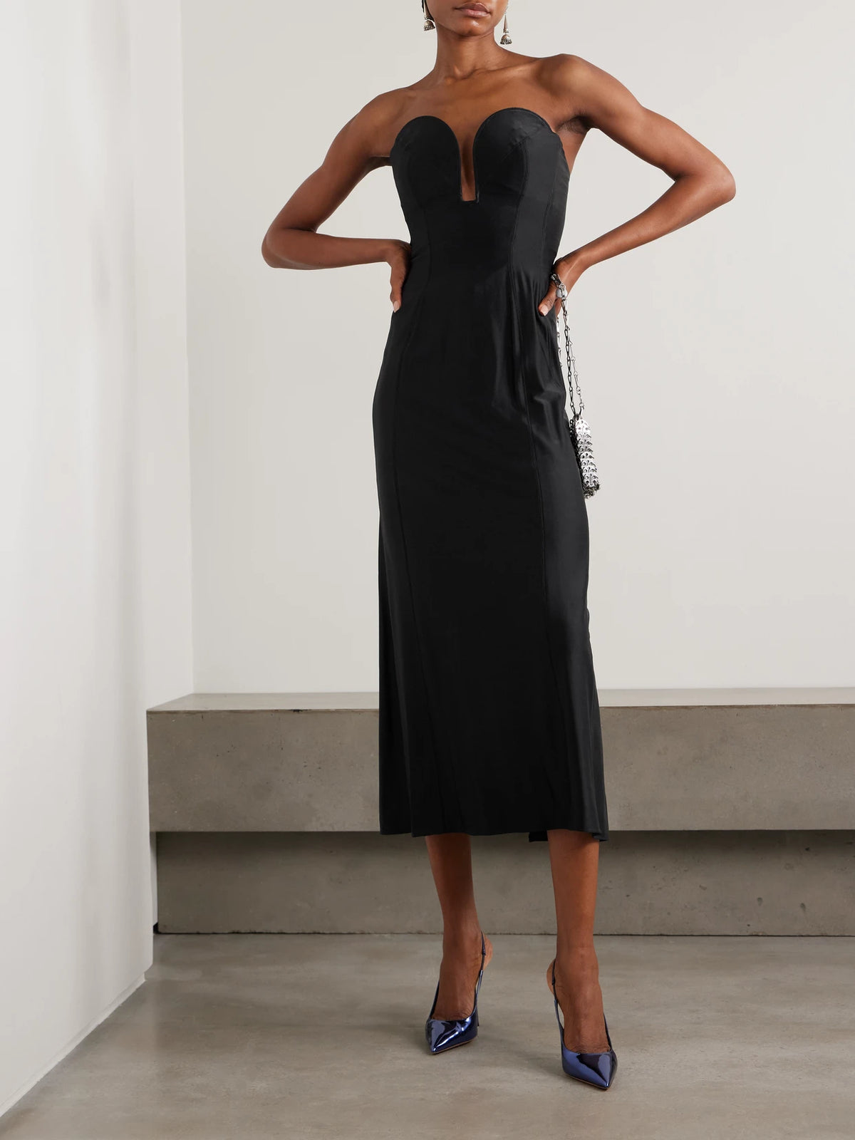 Image of Dresses. Product name - Strapless Stretch-jersey Midi Dress in Black colour by brand - RABANNE