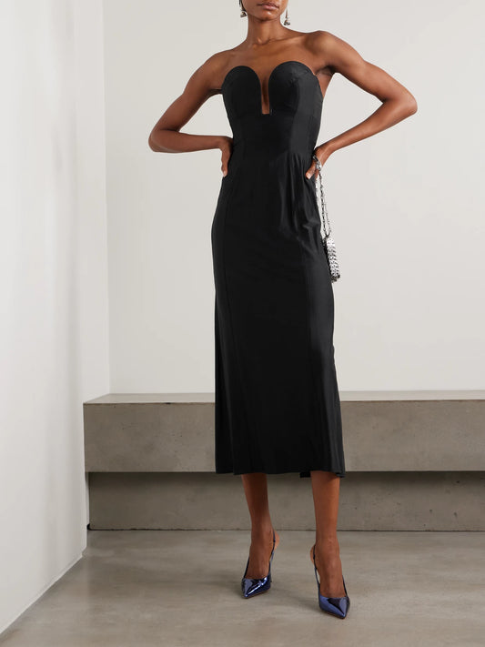 Image of Dresses. Product name - Strapless Stretch-jersey Midi Dress in Black colour by brand - RABANNE