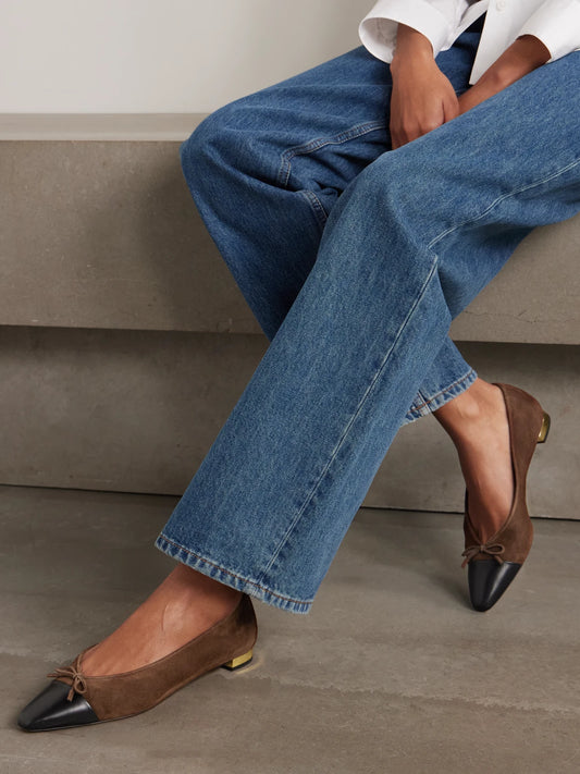 Gioia Bow-detailed Leather-trimmed Suede Ballet Flats