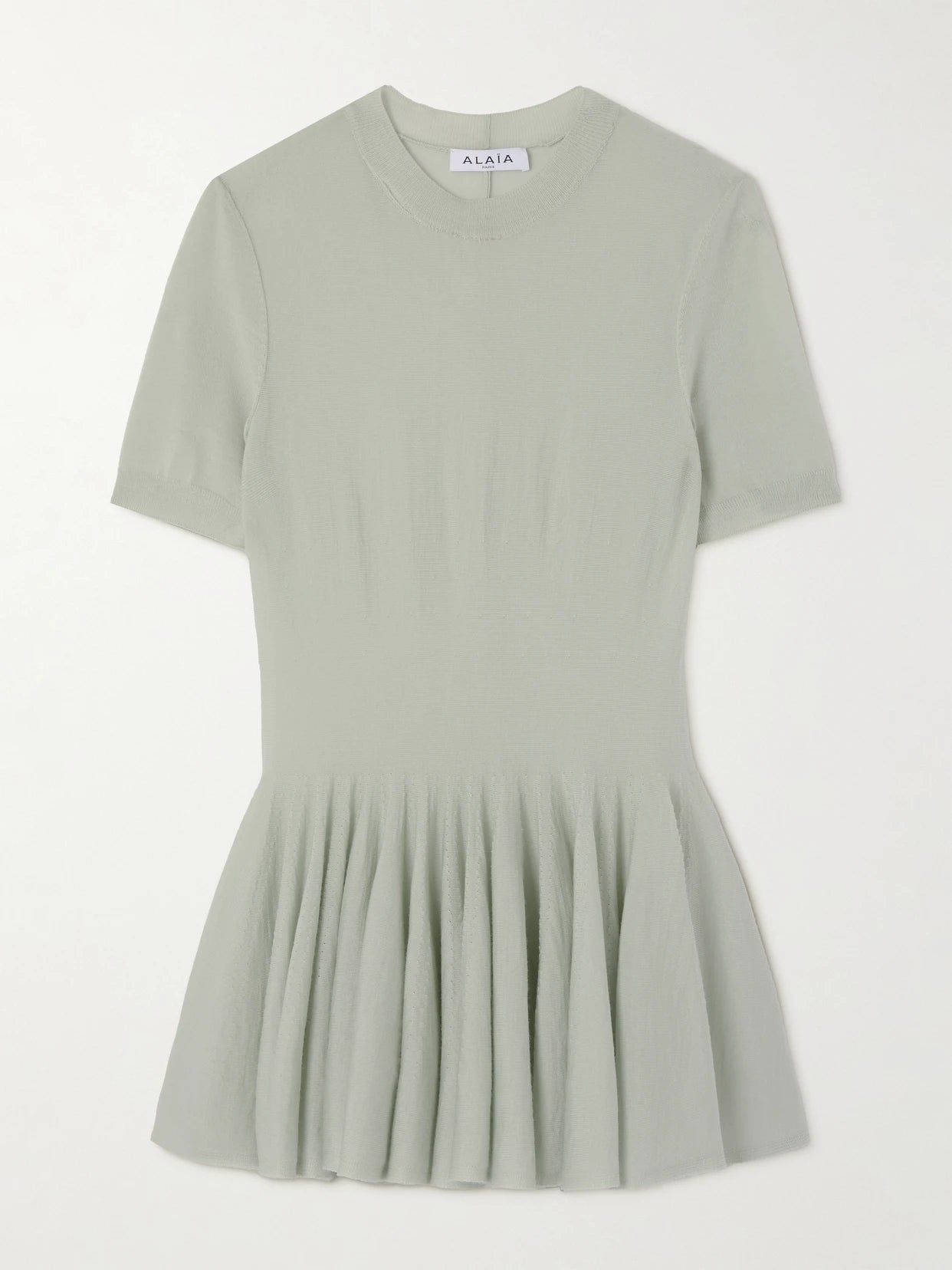 Image of a model wearing Tops. Product name - Wool Peplum Top in Gray green colour by brand - Alaïa