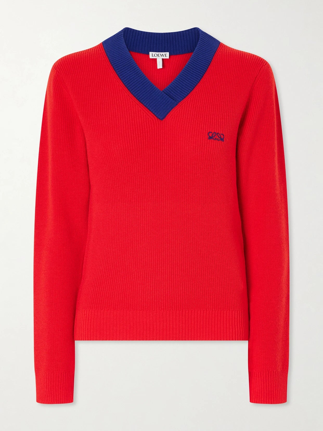 Image of a model wearing Outerwear. Product name - Anagram-embroidered Ribbed-knit Cotton And Wool-blend Sweater in x small colour by brand - LOEWE