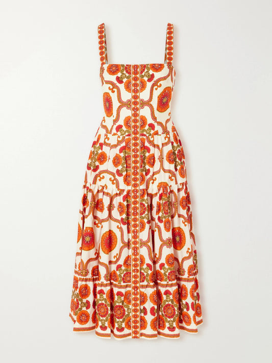 Image of Dresses. Product name - Margarita Tiered Floral-print Cotton-poplin Midi Dress in Orange colour by brand - Cara Cara