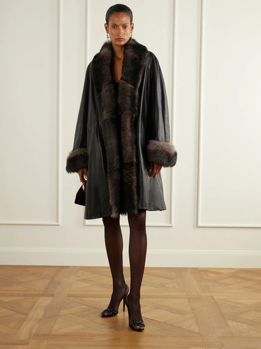 Image of Coats & Jackets. Product name - Aida Shearling-trimmed Leather Coat in Black colour by brand - Nour Hammour