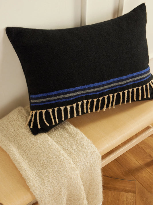 Image of Decor. Product name - Abisso Fringed Striped Cashmere, Silk And Wool-blend Cushion in Navy colour by brand - The House of Lyria